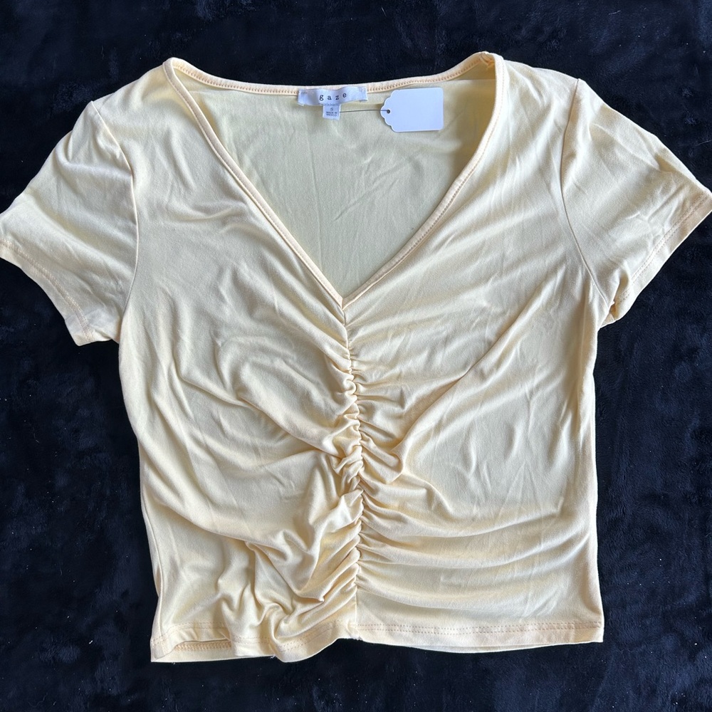Gaze Light Yellow Ruched V-Neck Top